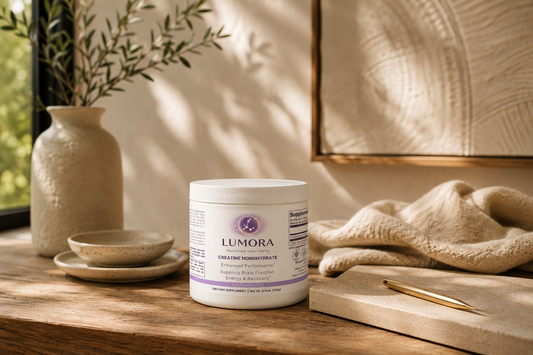 LUMORA™ Creatine Monohydrate on a decorative background